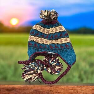 Laundromat Trapper Cap Laplander Hat Pom 100% Wool Line Beanie Handmade Ski Snow